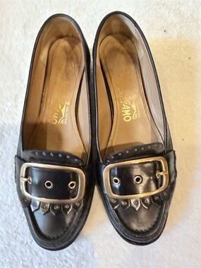 Salvatore Ferragamo Black Leather Loafers with Gold Buckle Detail